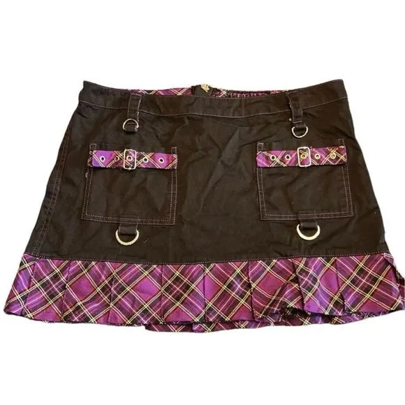 Y2K Tripp NYC gothic punk pleated radass purple plaid mini black skirt Small - Picture 2 of 7